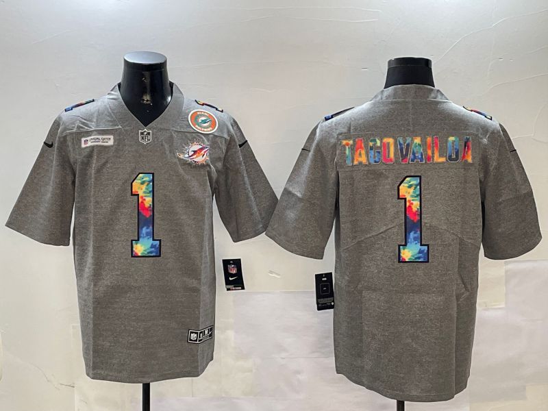 Men Miami Dolphins 1 Tagovailoa Grey Rainbow 2024 Nike Limited NFL Jersey style 2
